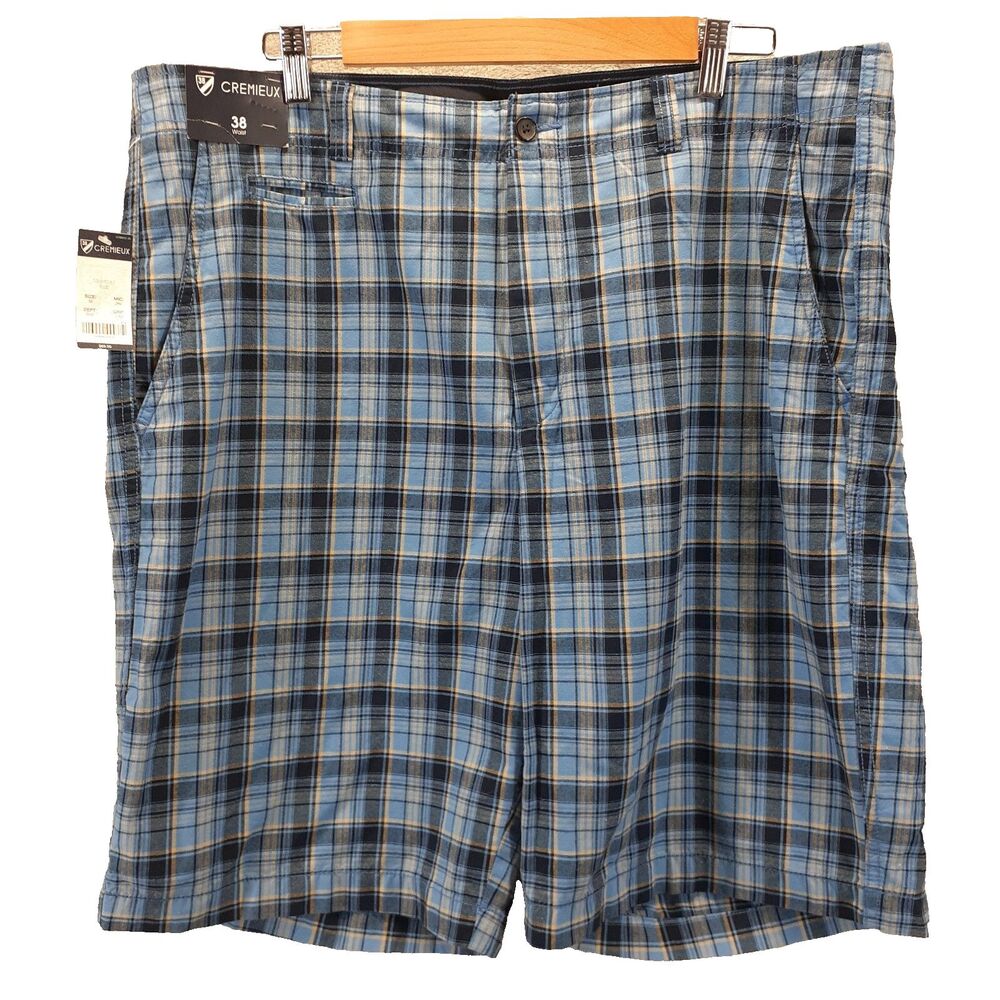 Cremieux Men's Sz 38 Blue Plaid Chino Shorts 100% Cotton Flat Front Pockets NWT